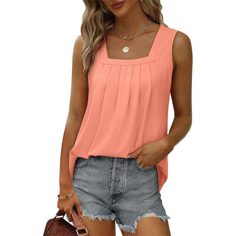 Summer Women T-shirt Sleeveless Vest Casual Square Neck Pullover Top Fashion Solid Color Pleated Female Clothing
