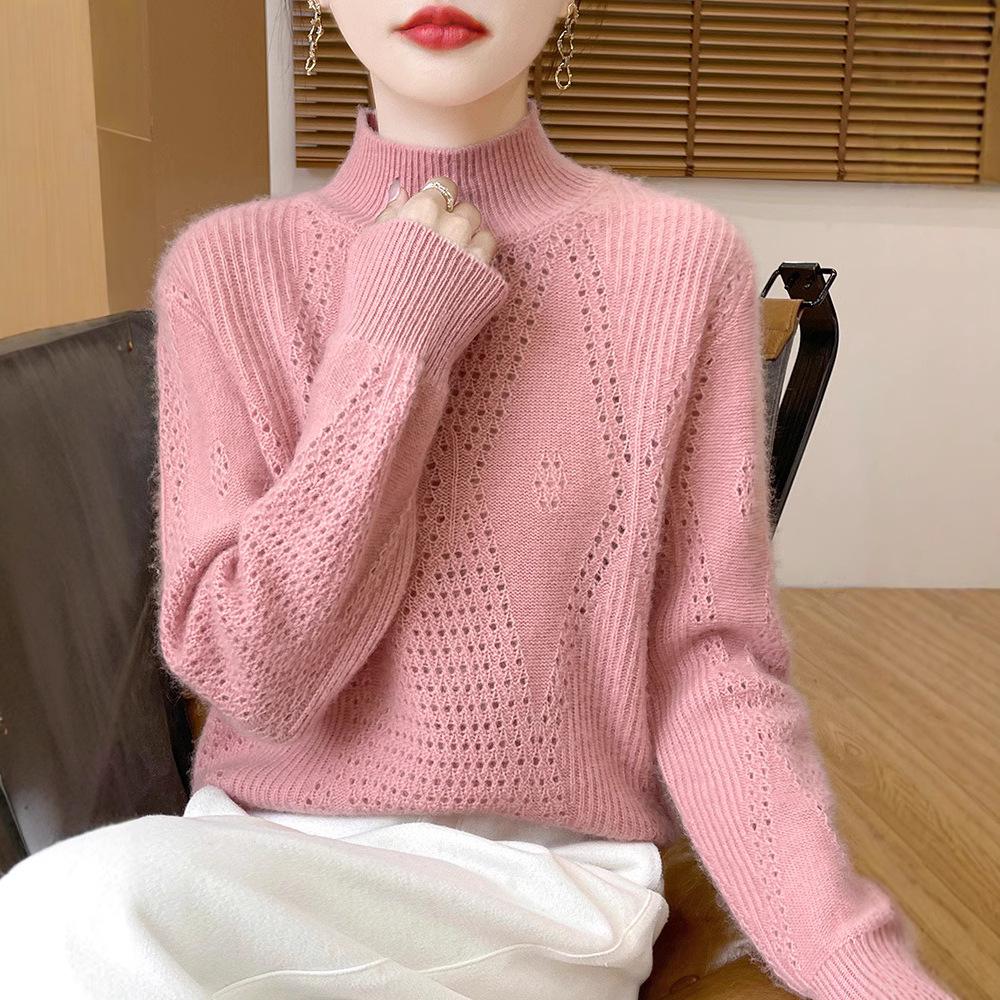 Thickened Wool Half-High Neck Diamond Cutout Pullover, Long Sleeve Women's Knit Sweater