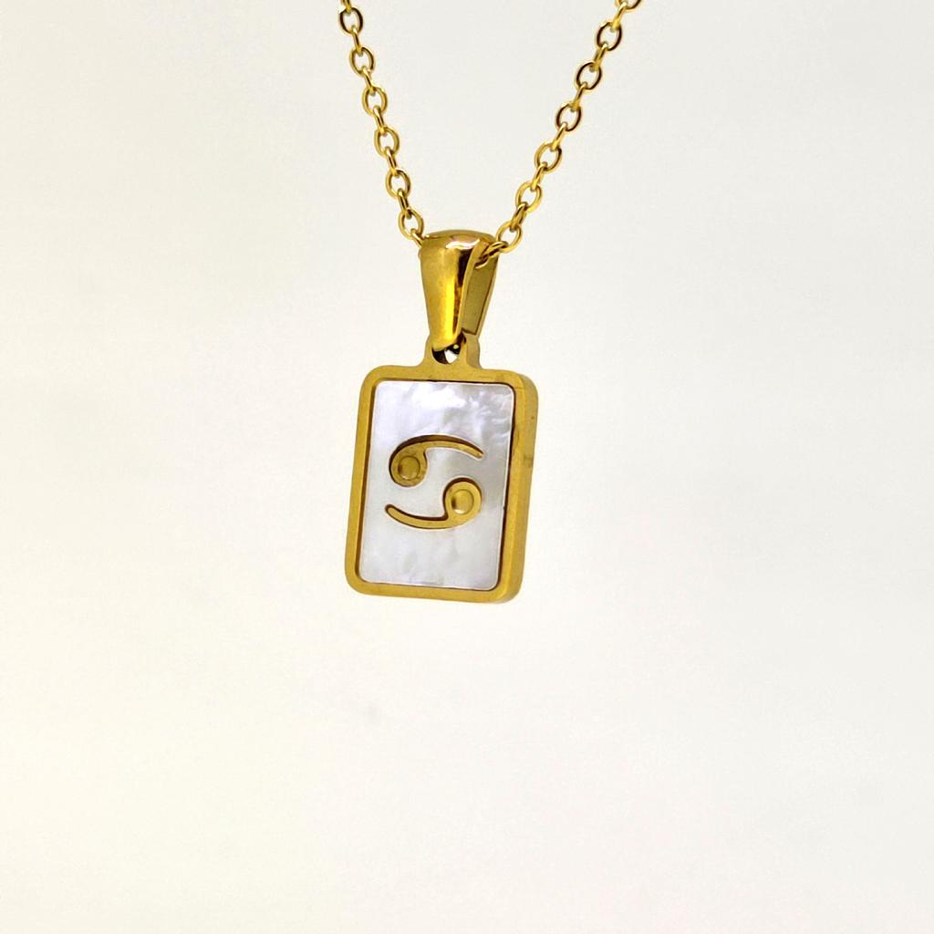 1pc Shell Zodiac Sign Necklace, Stainless Steel Square Pendant With White Shell, Perfect For Women