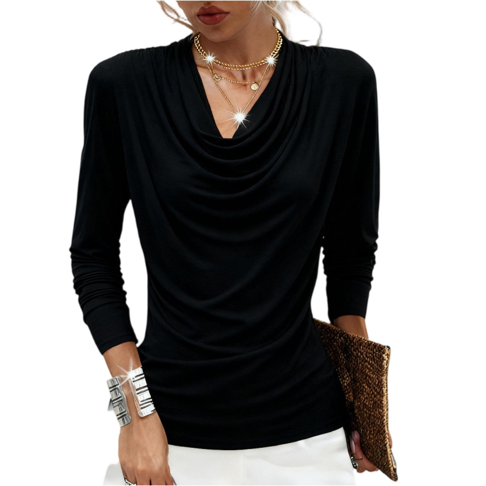

Fashionable Women s Cross-neck Pleated Long-sleeved T-shirt, Slim Fit, Mesh Design Base Layer Top L чёрный