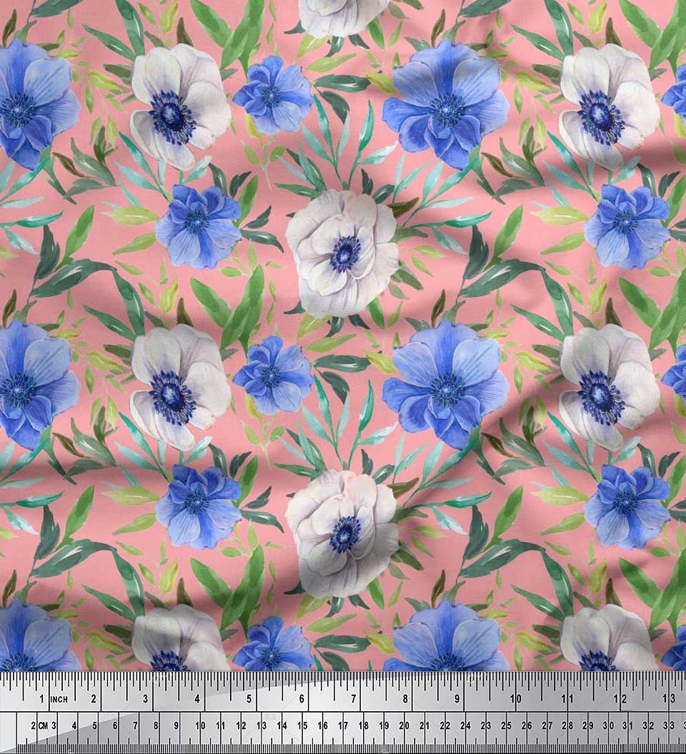 

Тканина Soimoi Japan Crepe Satin Leaves & Anemone Floral Print Тканина на метр 42 дюйма 42 Inch Wide - Poly Crepe рожевий