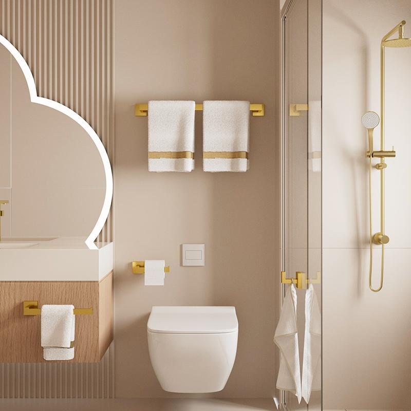 Hardware-Set aus gebürstetem Gold, Badezimmerregal, Handtuchhalter, Kleiderhaken, Toilettenpapierrollenhalter, schwarzes Badezimmer-Zubehör-Set, 4-teilig