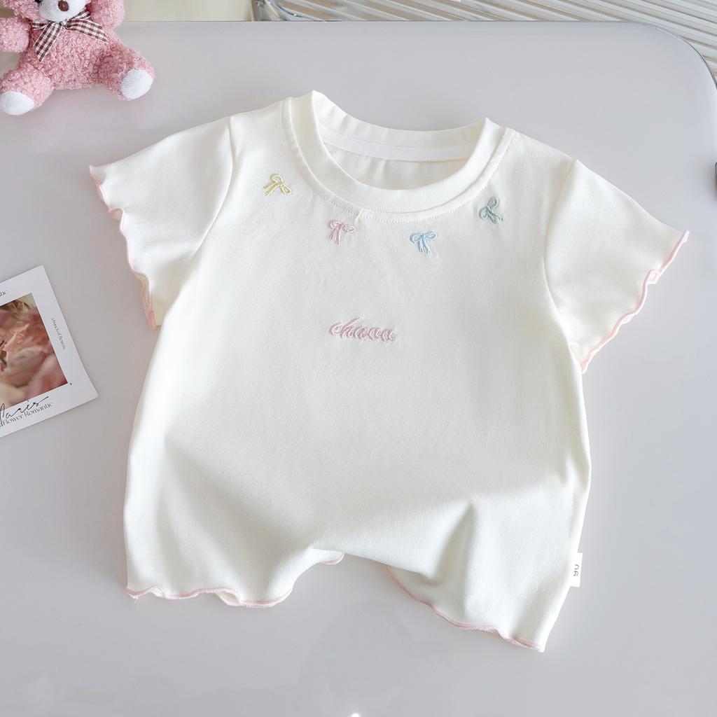 Girls Summer Short Sleeve T Shirt With Bow Tie Baby Versatile Base Layer Top Trendy Casual Tee For Kids