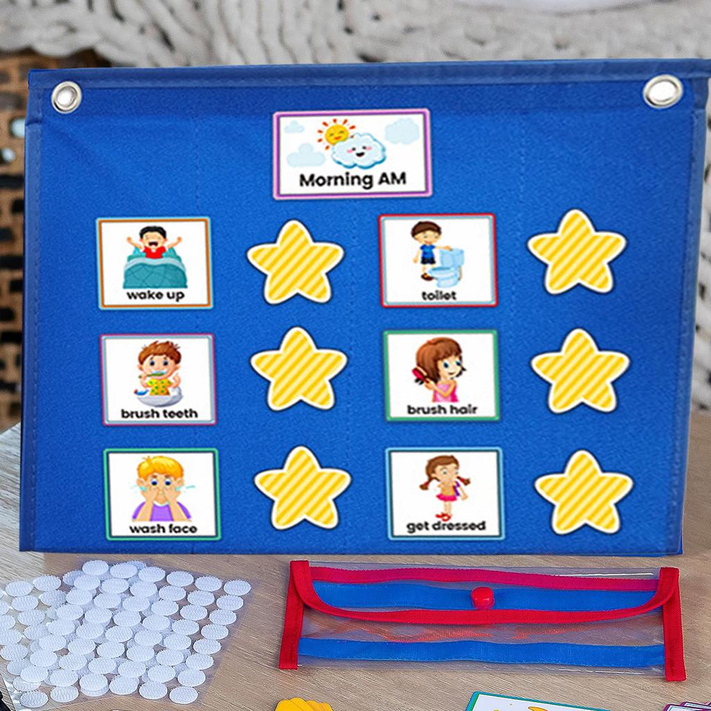 Standing Foldable Visual Schedule Chart for Kids Home School Wall Hanging with 72 Preprinted Cards 12 Star Cards Dry Erase Pen