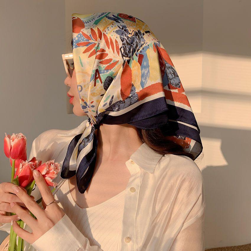 Vintage French Silk Scarf Headband Headband Female Tied Hair Headband Headscarf Ins Tide Large Square Scarf