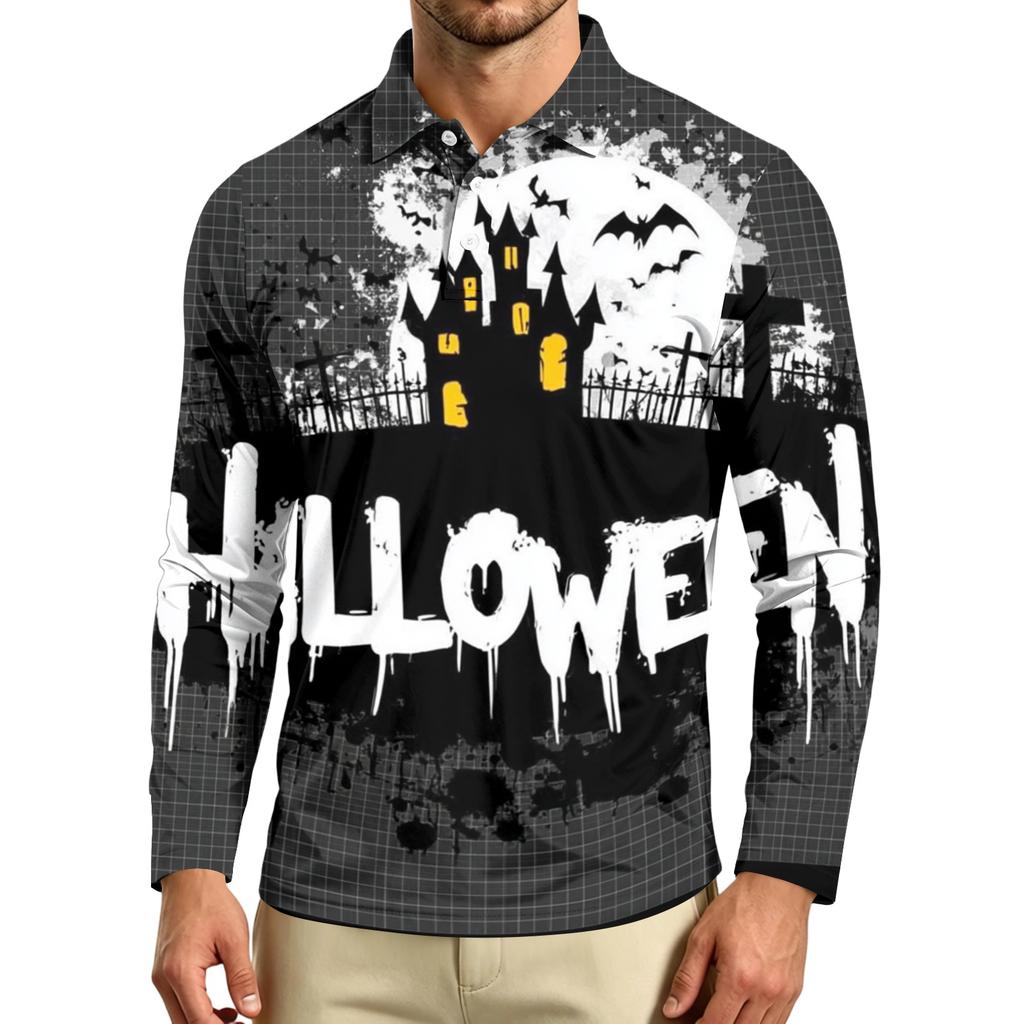Men's Long Sleeve Casual T Shirt Crew Neck Printed Halloween Pumpkin Stars Moon Pattern Comfortable Fit Lightweight Top