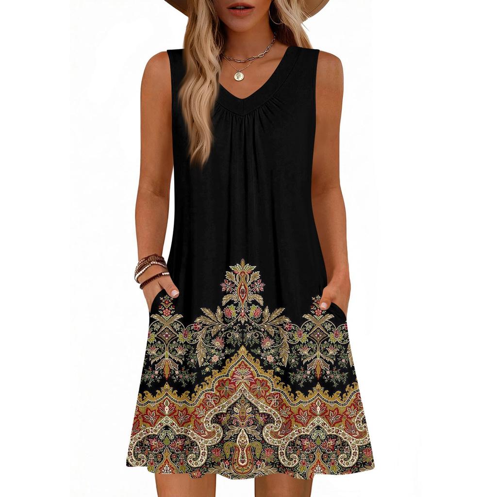 Women's Fashion Printed Summer Sleeveless V-neck Tank Top Pocket Casual Loose Dress