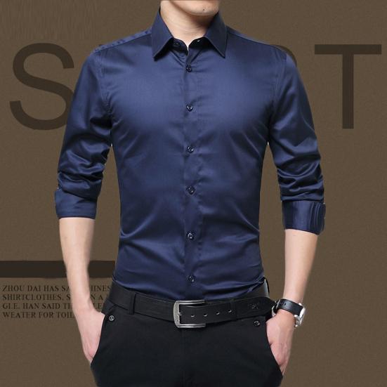 Men Shirt Solid Color Turn-down Collar Formal Single-breasted Autumn Shirt for Work