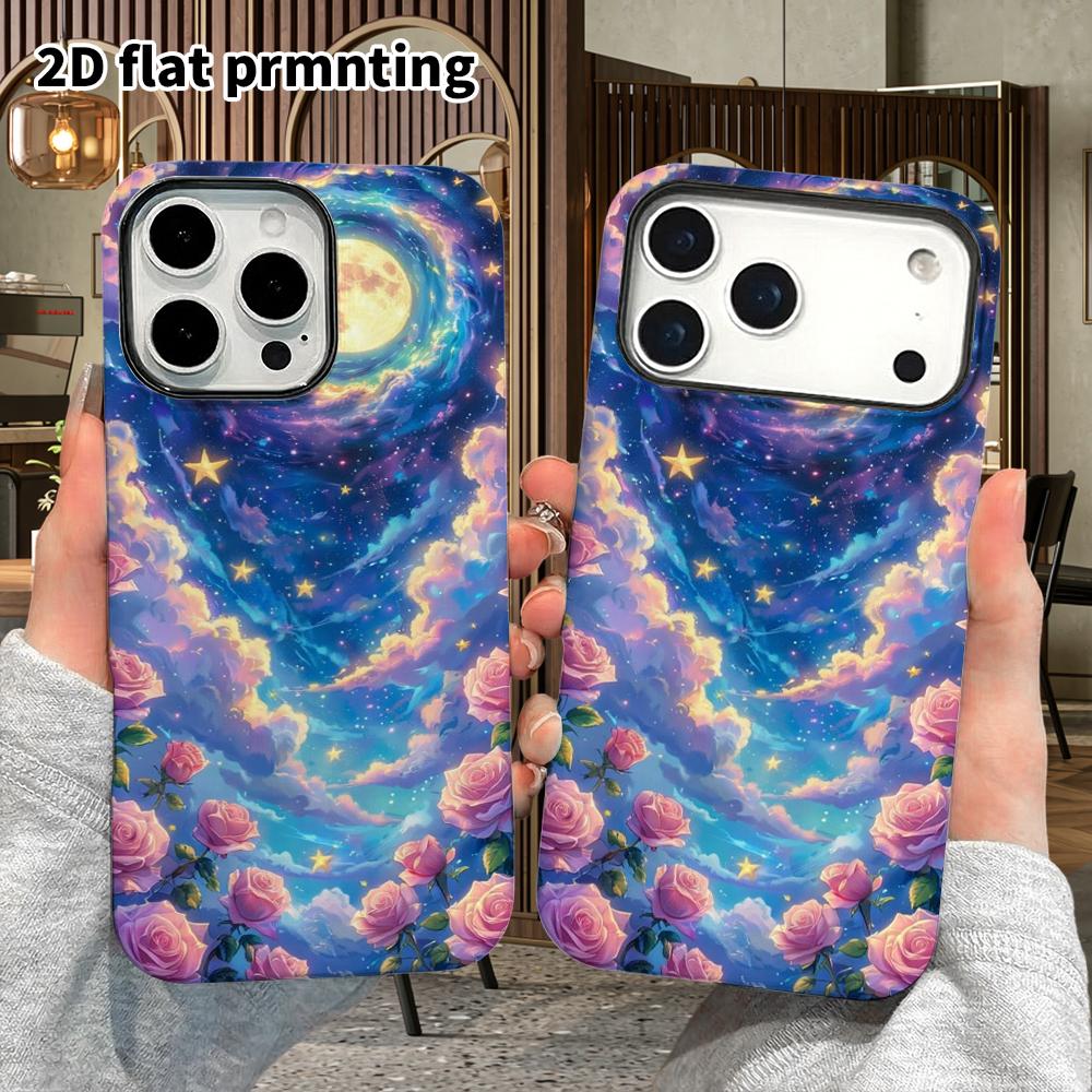 Phone Case: 2D Flat Design Suitable for iPhone 18 17 16 15 14 13Pro Film Protection Case, Couple Style, Full Moon and Pink Rose, Christmas and Hallowe