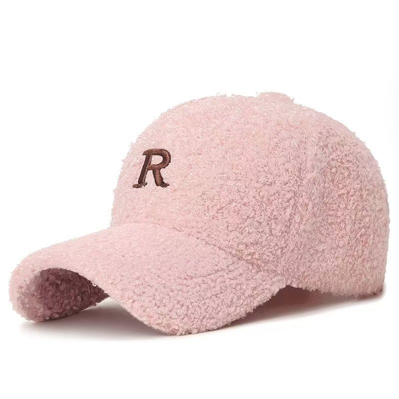 Embroidery R Letter Lamb Wool Baseball Cap Women's Autumn and Winter Casual Cap