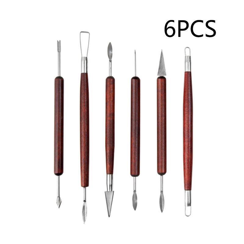 6-Piece Pottery Clay Tool Set: Double-Headed Lace and Sculpture Knives with Red Wood Handles