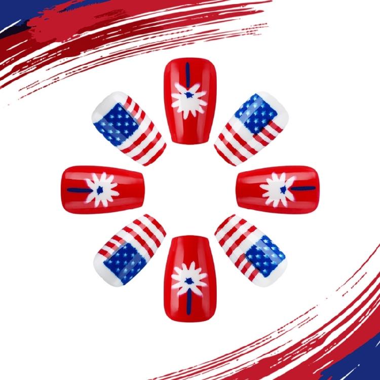 Unghia Finta Quadrata French Tip Unghia a Pressione Copertura Totale Unghia Finta Giorno dell'Indipendenza Unghia da Incollare Unghia Finta Patriottica