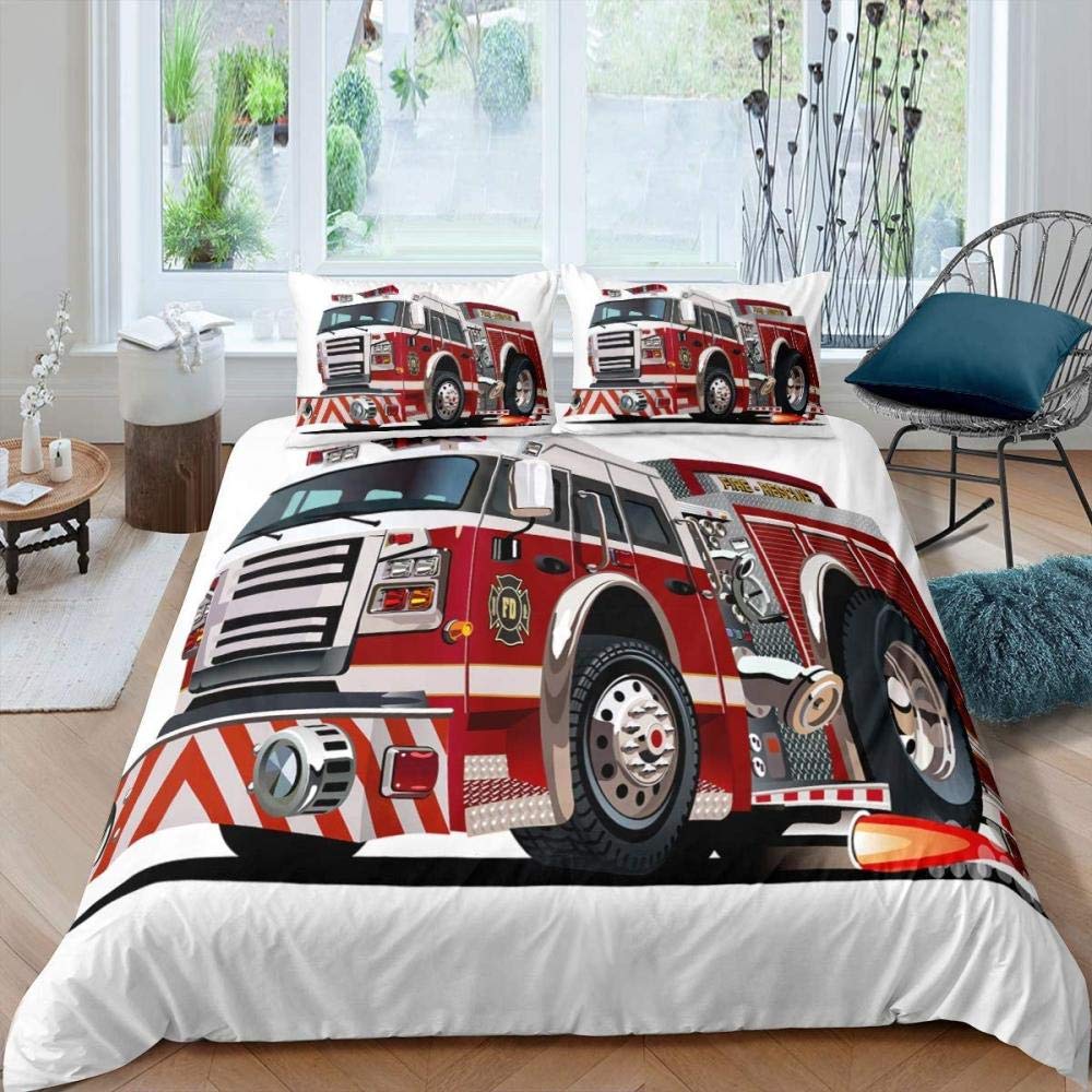 Firefighter Car Duvet Cover SetFire Truck Bedding Set King Honeycomb And Fire Comforter Cover Fire Engine Vehicle Quilt Cover