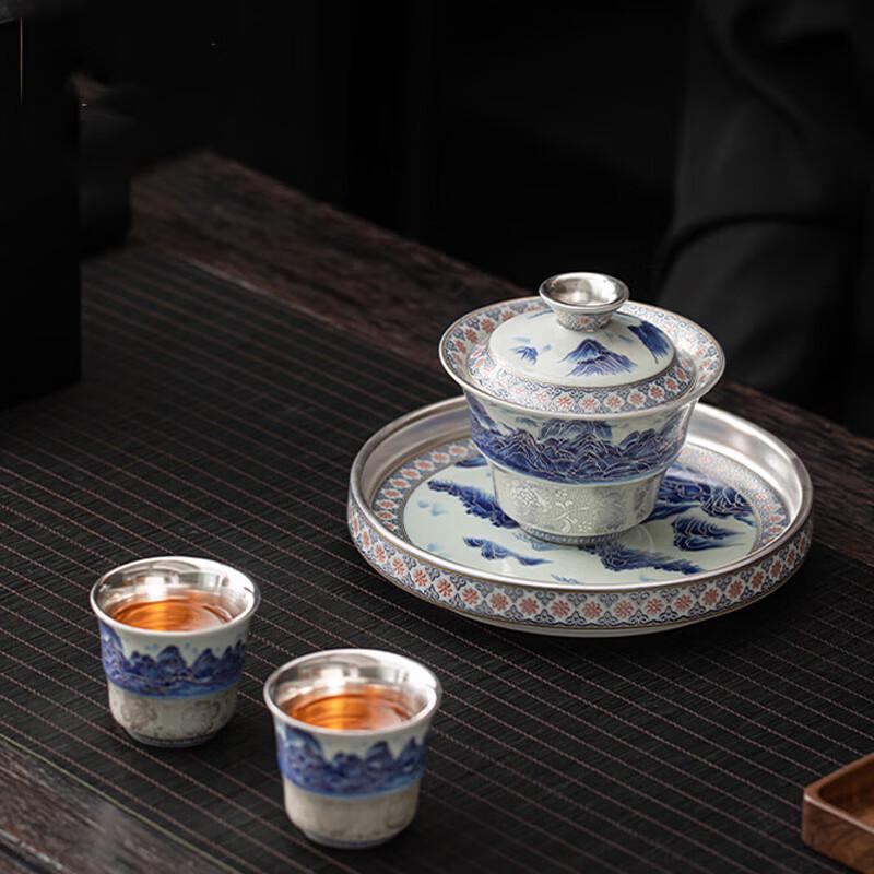 Gilded Ceramic Sancai Gaiwan Tea Set - Thousand Miles of Rivers and Mountains