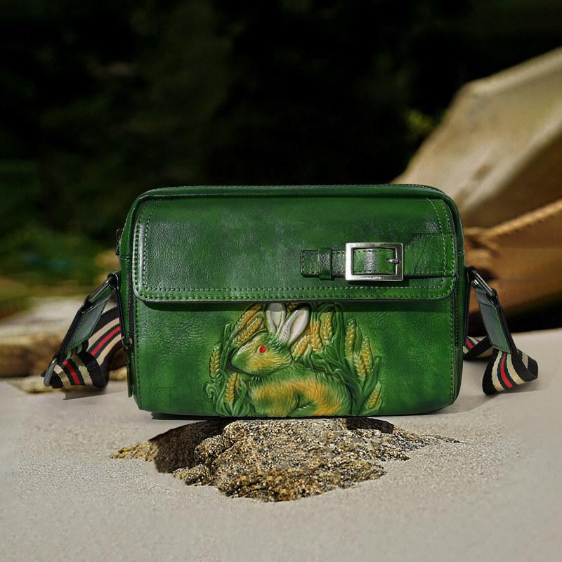 Rabbit Embossed Women Shoulder Bags Vintage Design Crossbody Messenger Bag Fashion Genuine Leather Handbags