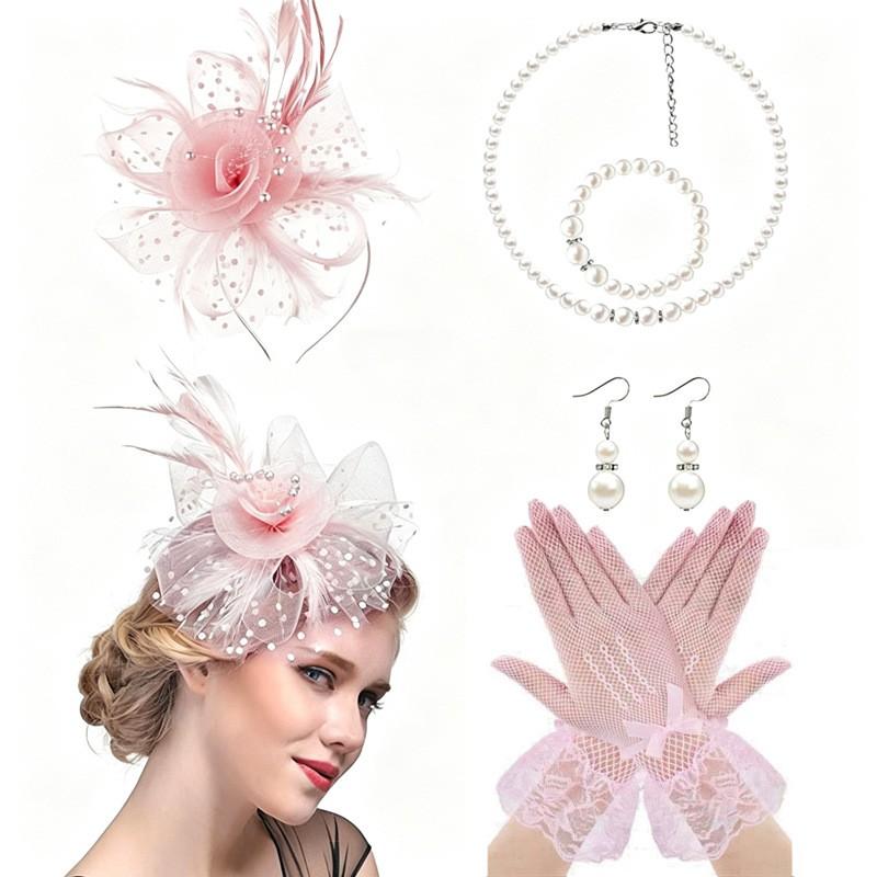 Vintage Bridal Hair Accessories Set Kentucky Derby Feather Headband Gloves Necklace Floral Bow Mesh Wedding