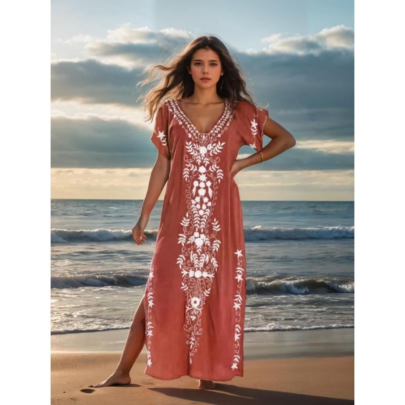 

Плюс Размер Женская Пляжная Праздничная Блузка Винтажный Стиль Вышитое Длинное Платье One Size кирпич красный