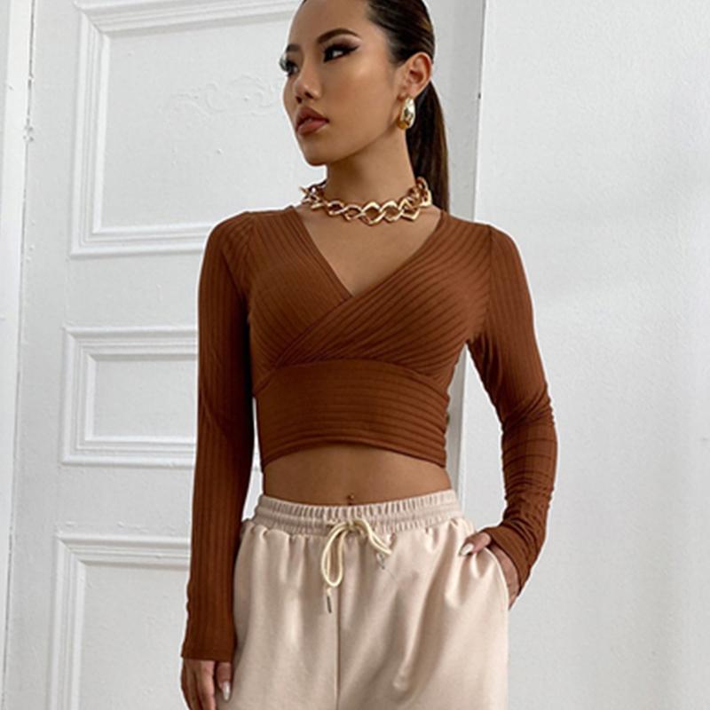 

Женская осенне-зимняя футболка с V-образным вырезом, однотонная сексуальная облегающая футболка XL коричневый