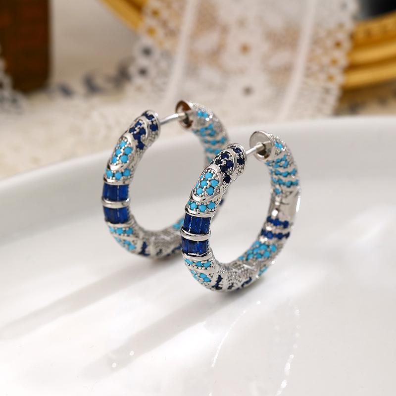 Blue Earrings Minimalist Design Luxury Large Round Hoop Zircon Vintage Elegant Women Earrings