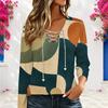 Women Plus Size V Neck Long Sleeve Abstract Printed Top Eyelet Chain Lace Up Detail
