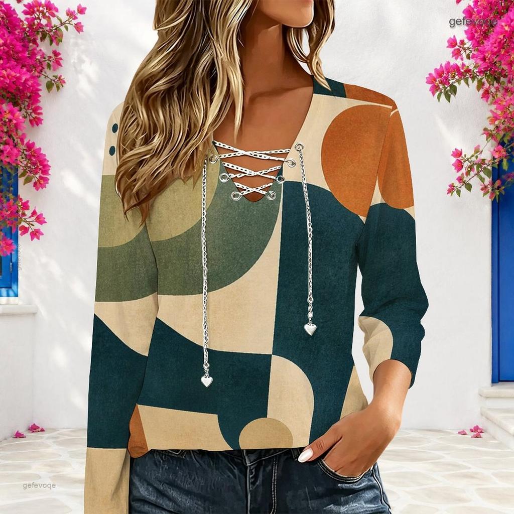 Women Plus Size V Neck Long Sleeve Abstract Printed Top Eyelet Chain Lace Up Detail