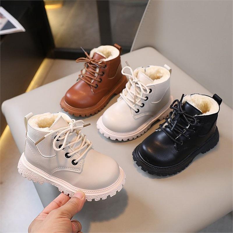 Fashion retro autumn and winter new children's velvet British short boots boys side zipper leather boots girls snow boots
