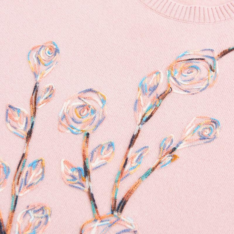 TUHUANG Women's Pure Wool Embroidered Round Neck Sweater