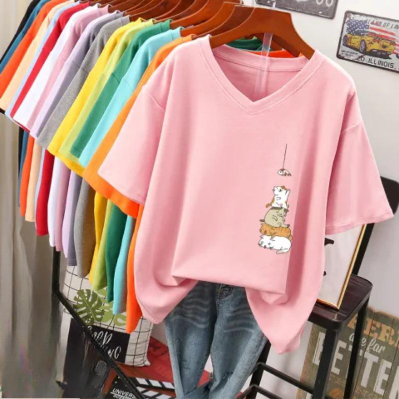 Short-sleeved T-shirt for Women, Large Size, Loose and Slimming, Printed V-neck Top