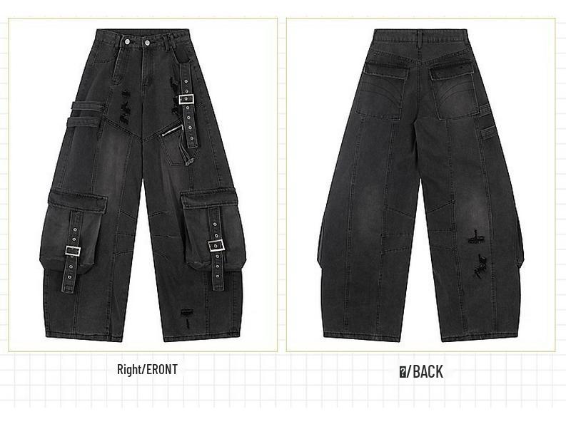 Unisex Wide-Leg Multi-Pocket Ripped Blue Jeans with Deconstructed Ribbon