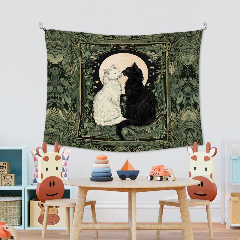 Black White Cat Moon Art Nouveau Wall Tapestry Dark Green Gold Frame Kitten Pair Crescent Floral William Morris Goth Soft