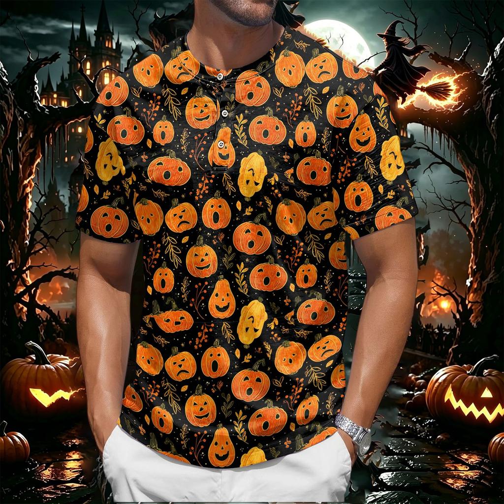 Men's Halloween Printed Crew Neck Short Sleeve Shirt Casual Loose Fit Top with and Pumpkin Pattern for Holiday