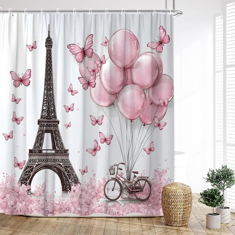 Vintage Paris Tower Shower Curtains Pink Butterfly Balloon Love Heart Floral Valentine'S Day Bathroom Curtain Decor With Hooks