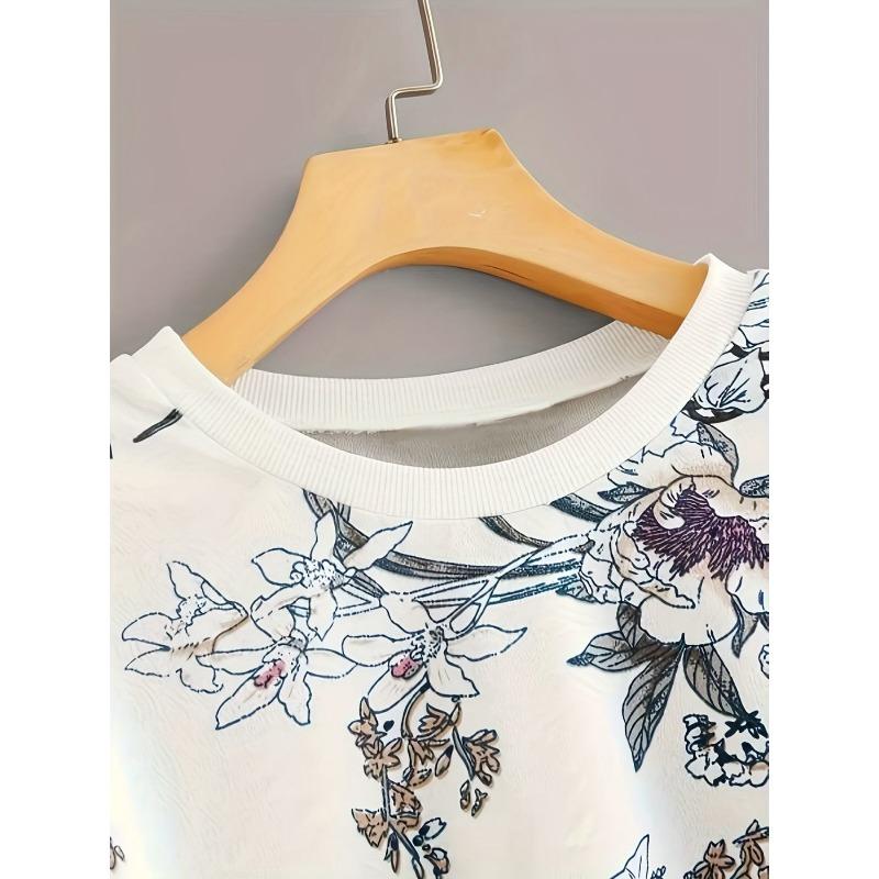 2025 Rundhals Überschnittene Schultern Pflanzen Floral Bedrucktes Sweatshirt Top Neuer Stil Langarm Leicht