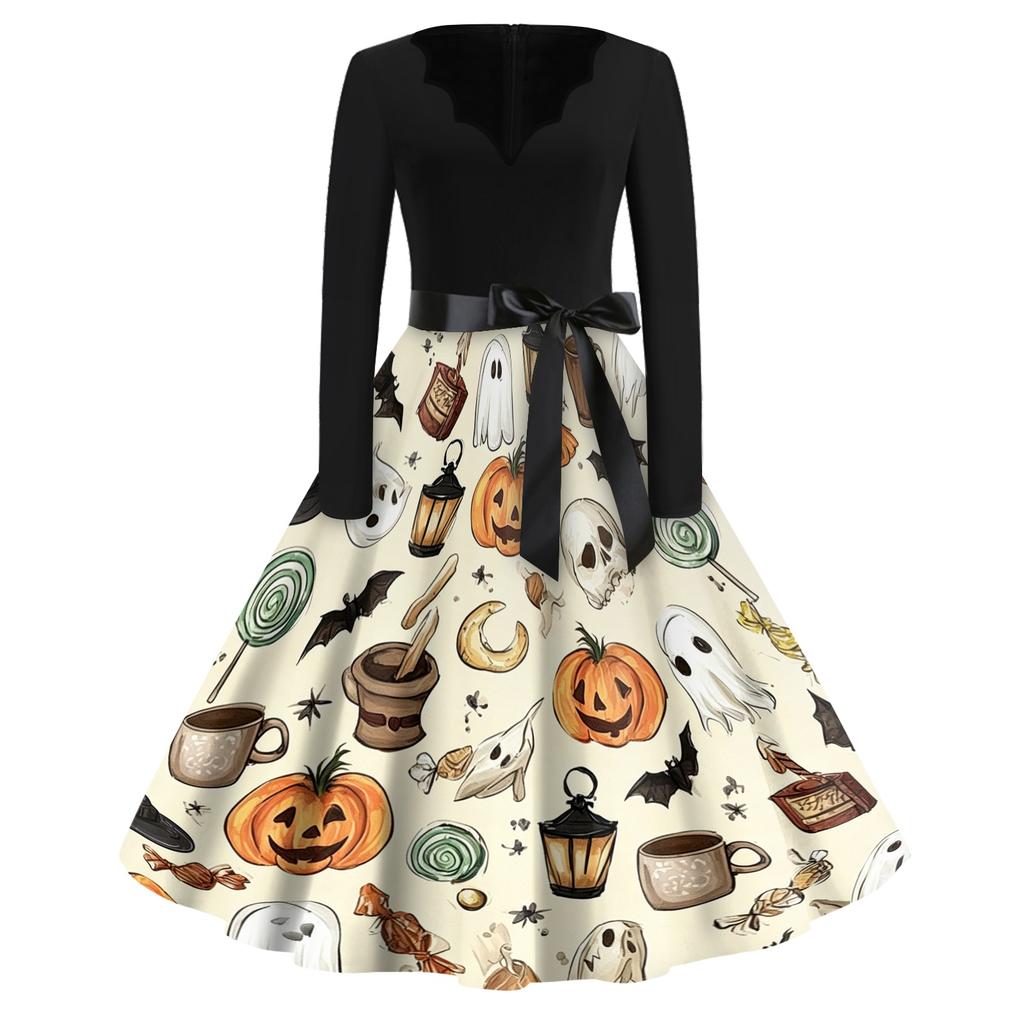 Women's Casual Vintage Halloween Dress V Neck Long Sleeve Bat Print A Line Skirt Retro Style Belted Waist Swing Dress
