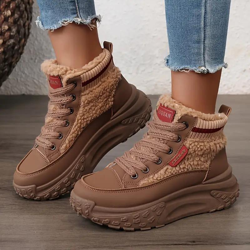 Women'S Warm High-Top Sneakers Faux Fur Lining - Brown Beige Round Toe Thick Sole Casual Comfort Shoes