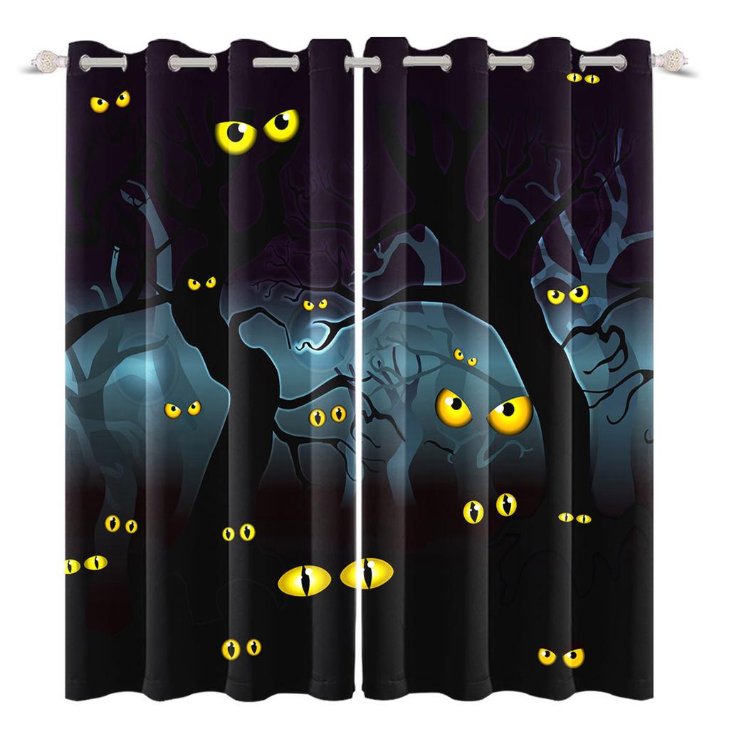 2pcs/set Horror Halloween Window Curtain Full Moon Night Tomb Iron Gate Back Room Home Bedroom Decor Blackout Polyester Curtains