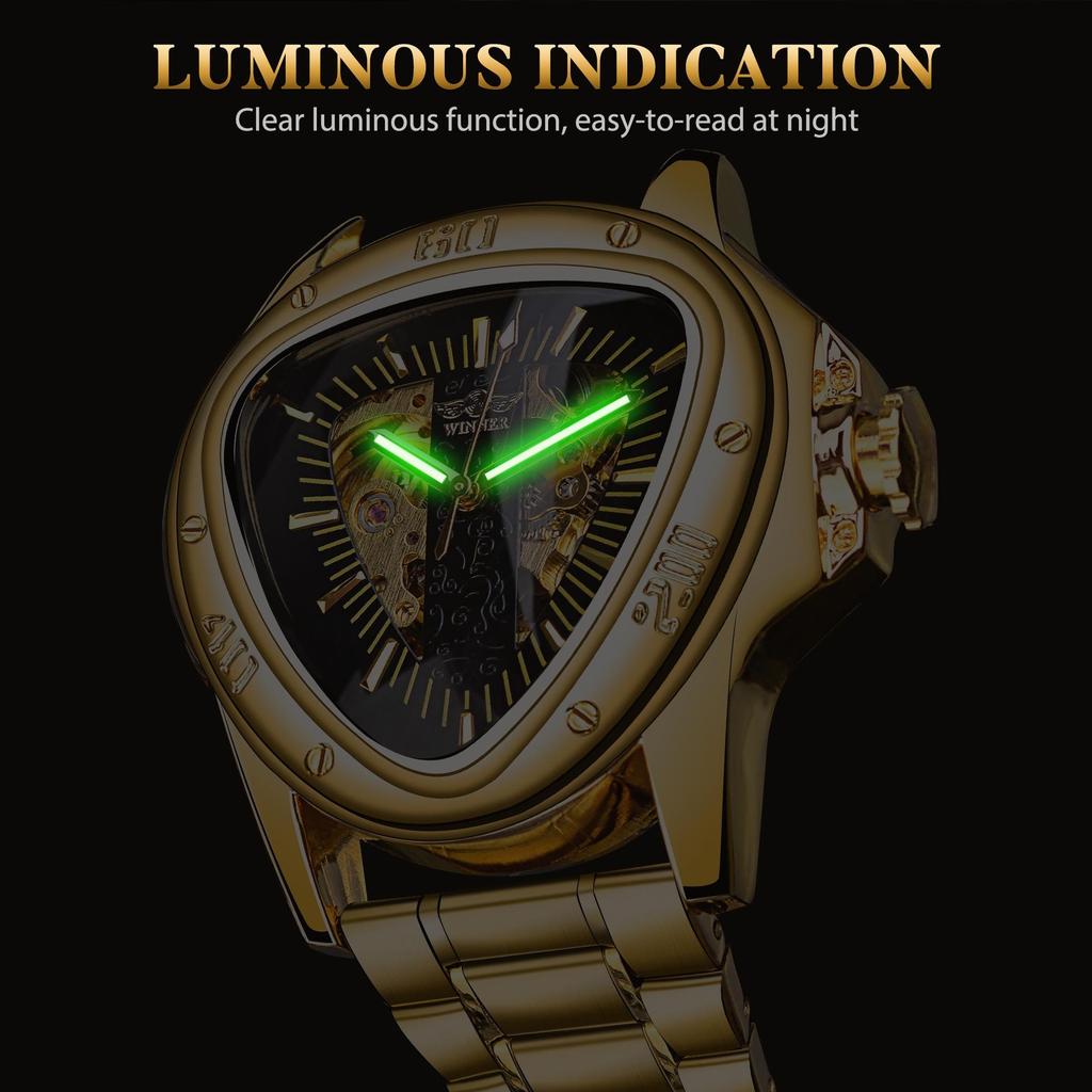 WINNER Herren Automatikuhren für Herren Luxus Hohl Dreieck Herren Mechanische Armbanduhren Skelett Wasserdicht Reloj Hombre