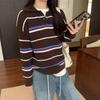 2025 Autumn/Winter Korean Color Block Stripe Polo Neck Knit Sweater - Casual, Versatile, and Loose Fit