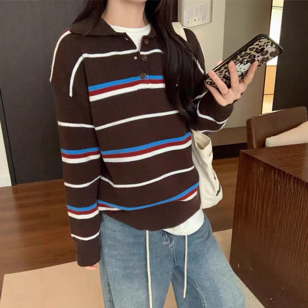 2025 Autumn/Winter Korean Color Block Stripe Polo Neck Knit Sweater - Casual, Versatile, and Loose Fit