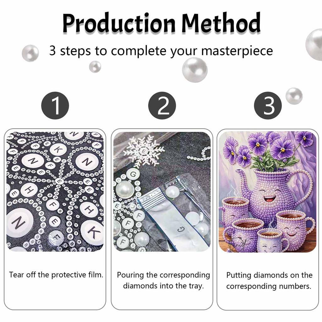 Purple Flower Teapot Cups Pearl Painting Set Pearl Art DIY Handmade Crafts Home Wall Decoration