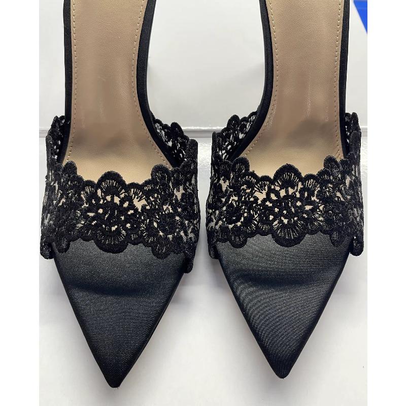 Soleist Elegant Women's Gold Lace Pumps | Pointed Toe Slip On High Heel Mules | Fashion Stiletto Shoes for Party Wedding