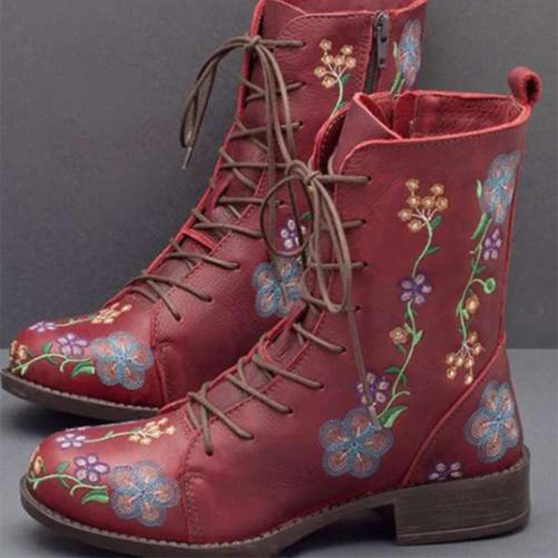 

Women s Retro Print Embroidery Low Heel Martin Boots - Ethnic Style Color Block Short Boots 37 червоний