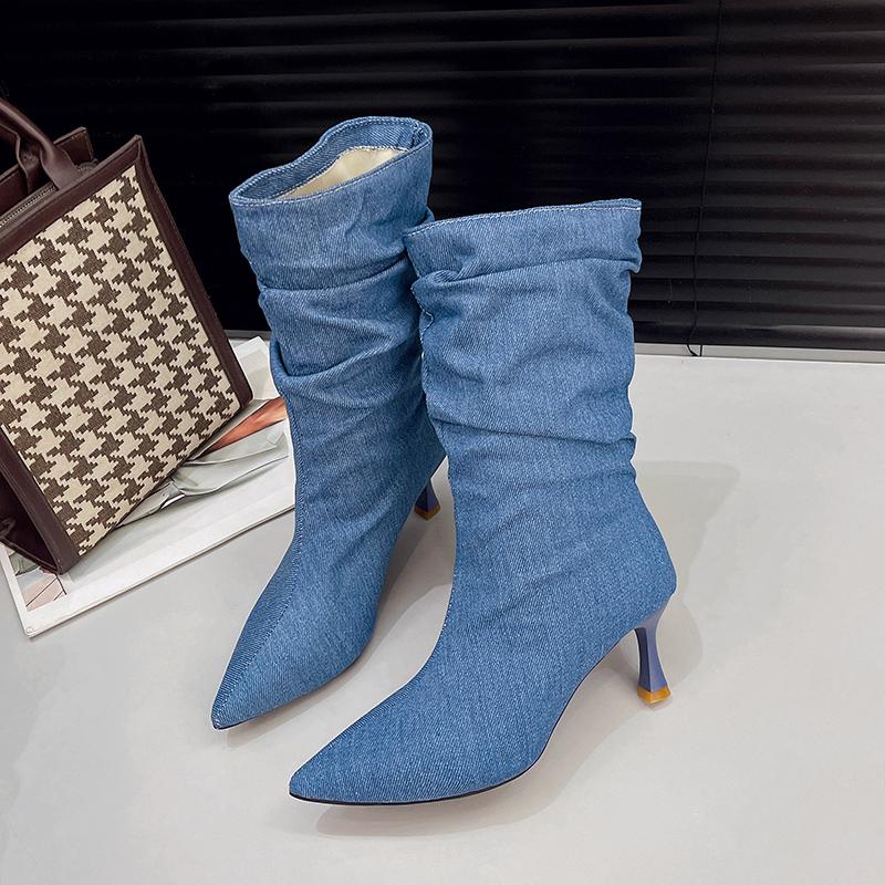 New Women's Winter Blue Pleated Denim Mid-calf Boots High Kitten Heels Sexy Party Club Pointed Toe Slip-on Slouch Half Boots