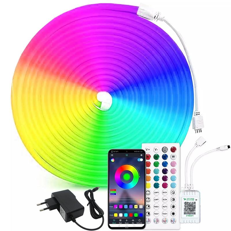 

Светодиодная лента RGB 24 В с Bluetooth, синхронизацией с музыкой, водонепроницаемая, гибкая неоновая лента с управлением через приложение и пульт для декора игровой комнаты EU Plug&5M