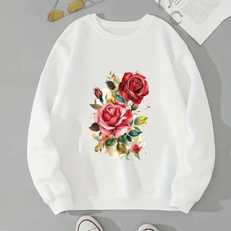 

(Asian Size) Lady Watercolor Flower Style Cute Spring Fall Autumn Women Print Winter Fashion Casual Pullovers Fleece Clothes Graphic Sweatshirts