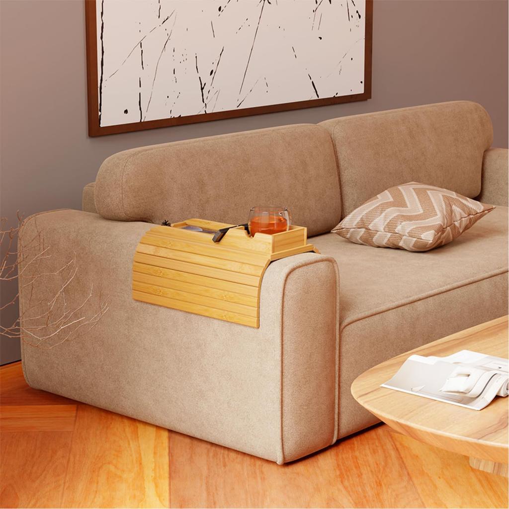 Premium Bambusoide Sofa Arm Table with Cup Holder, Tray & Non Slip Pad, Fits Most Sofas, Grt for Phones, Remotes, and Snacks, Converts To Laptop Tray,