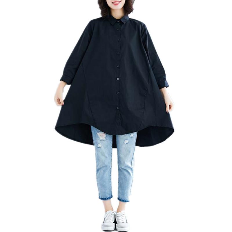 Summer Literary Plus Size Loose Solid Color Lapel Seven Quarter Sleeve Shirt for Women's Mid To Long Length Blouses & Shirts