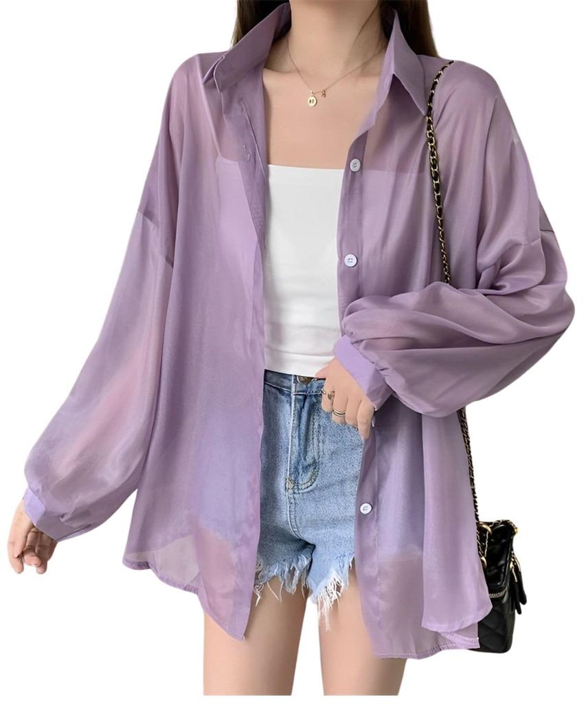 Cute Sheer Cut and Long UV Sheer Summer Cooling Protection [Four leaf] Shirt, Women's, Loose, See-through Y-shirt, Sew, Summer, Sleeve, Protection,