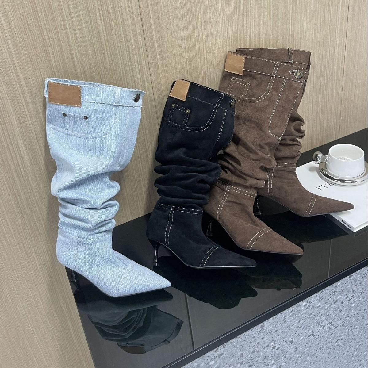 

2025 autumn new pointed thin high heel pleated tall cowboy thin sexy nightclub Martin knight women s boots 39 синий