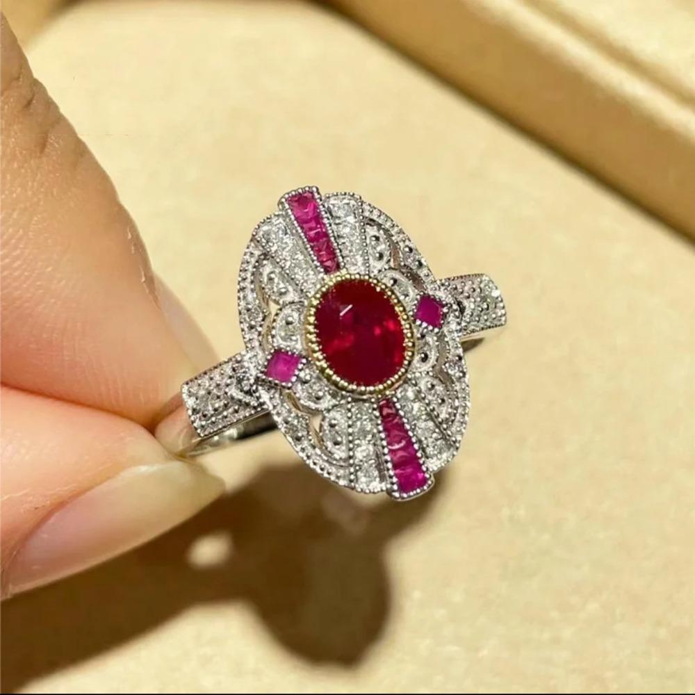 

Women Vintage Open Ring Edward Artdeco Inspired Heavy Work Two Tone Gold Simulated Ruby Corundum Jewelry adjustable